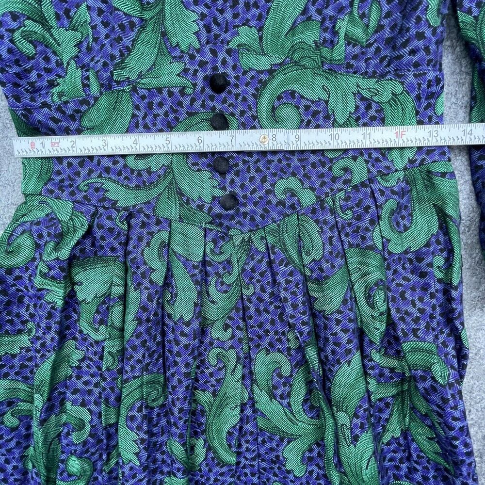 Vintage Jessica Howard Petite Dress 6 Blue Green 80s Secretary Scroll Wasp Waist - Picture 6 of 7